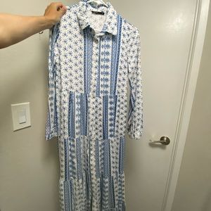 Blue and white long sleeve maxi dress